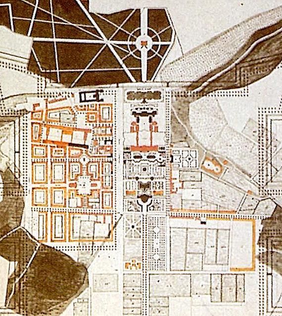 Der Leger-Plan von 1726: deutlich zu erkennen sind die Innenstadtstraßen mit den Alleenanpflanzungen. Oben der Favoritepark